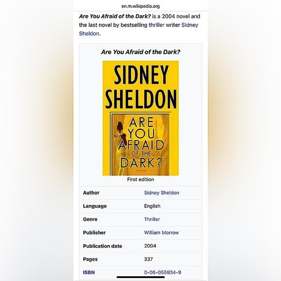 Book are you afraid of the dark Sydney Sheldon HB first edition W/dust cover - Picture 1 of 4